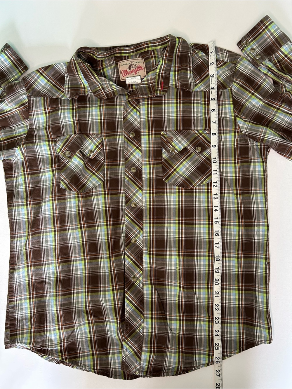 Wrangler Brown Plaid Button-Down Western Shirt with Green Accents Vintage 90s - Picture 8 of 8